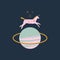 Little unicorn in vector. Magic concept. Funny doodle vector illustration with cosmic pony and planet Saturn.
