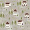 Little Village Church House n Trees Vector Pattern