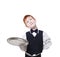 Little waiter thoughtful, dreaming with empty tray