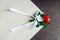 Little wedding boutonniere with roses with white ribbon