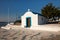 Little white chapel on the hill. Small church in Faliraki.