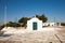 Little white chapel on the hill. Small church in Faliraki, Greek