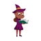 Little Witch with Book, Cute Girl Wearing Purple Dress and Hat Practicing Witchcraft Cartoon Style Vector Illustration