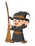 The little witch boy is holding the magic broom