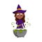 Little Witch Brewing Potion in Cauldron, Cute Girl Wearing Purple Dress and Hat Practicing Witchcraft Cartoon Style