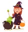 The little witch is brewing a potion. Happy Halloween. Vector illustration in flat cartoon style.