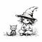 Little Witch And Cat: Realistic Yet Stylized Black And White Illustration
