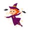 Little Witch Flying with Bats, Cute Girl Wearing Purple Dress and Hat Practicing Witchcraft Cartoon Style Vector