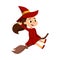 Little Witch Flying on Broom, Cute Girl Wearing Red Dress and Hat Practicing Witchcraft Cartoon Style Vector