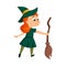 Little Witch Holding Broom, Cute Redhead Girl Wearing Green Dress and Hat Practicing Witchcraft Cartoon Style Vector
