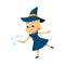 Little Witch Holding Magic Wand, Cute Girl Wearing Blue Dress and Hat Practicing Witchcraft Cartoon Style Vector