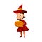 Little Witch Holding Pumpkin, Cute Girl Wearing Red Dress and Hat Practicing Witchcraft Cartoon Style Vector
