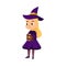 Little Witch with Magic Wooden Box, Cute Girl Wearing Purple Dress and Hat Practicing Witchcraft Cartoon Style Vector