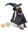 Little witch sits on a pumpkin