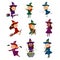 Little Witches Set, Cute Girls Wearing Dress and Hat Practicing Witchcraft, Reading Magic Book, Flying on Broom Cartoon