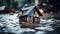 Little wooden house in the water. Flood disaster