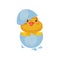 Little yellow cartoon chicken hatched from an egg. Vector illustration on white background.