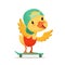 Little yellow duck chick in blue cap skateboarding, cute emoji character vector Illustration