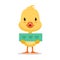 Little yellow duck chick holding blue banner with hearts, cute emoji vector Illustration