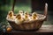 Little yellow ducklings in a wicker basket on a wooden table