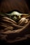 Little yoda lies in bed under the covers. AI Generated