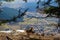 little young capricorn stands in the mountains with wide view