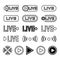 Live broadcasting icons set. Red symbols and buttons for live broadcast, broadcast, online broadcast, TV, shows, films and live