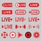 Live broadcasting icons set. Red symbols and buttons for live broadcast, broadcast, online broadcast, TV, shows, films and live