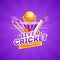 Live Cricket Tournament concept with cricket elements and golden champion trophy on purple stadium view background.