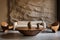 Live edge coffee table near terra cotta curved sofa and two chairs against marble stone wall