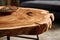 Live edge wooden coffee table close up. Interior design of modern living room. Created with generative AI