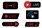 Live icons on black background. Online stream sign. Internet broadcast. Live webinar button. Stock image