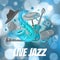 Live Jazz festival and Jazz music party vector poster illustration with saxsophone, drum and guitar on blur bokeh