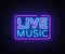 Live Music neon sign vector. Live Music design template neon sign, light banner, neon signboard, nightly bright