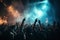 Live shows, rock concert, parties, festivals, nightclub Cheering crowd, stage lights and confetti. Cheering.by