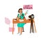 Live streaming. Cartoon woman recording video for blog. Beauty blogger. Female sitting at table and showing skincare