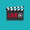 Live streaming icon concept vector flat cartoon illustration, live text on film slate clapperboard and video play button