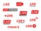 Live streaming icons. Broadcasting video news, tv stream screen banners. Online channel, live event stickers isolated