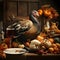 Live turkey walking around the table around pumpkins glasses, flowers, leaves. Turkey as the main dish of thanksgiving for the