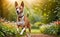 A lively and adorable Basenji dog is happily running in the garden!