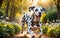 A lively and adorable Dalmatian dog is happily running in the garden!