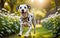 A lively and adorable Dalmatian dog is happily running in the garden!