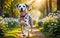 A lively and adorable Dalmatian dog is happily running in the garden!