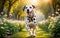 A lively and adorable Dalmatian dog is happily running in the garden!