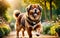 A lively and adorable Tibetan Mastiff dog is happily running in the garden!