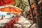 Lively beach scene with blurred bokeh effect, ideal for travel and tourism backgrounds