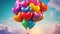 A lively bunch of heart shaped balloons gracefully floating in the open sky, Rainbow-colored love heart balloons lifting a