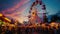 A lively carnival at dusk, Ferris wheel lights. Resplendent.