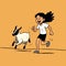 Lively Cartoon Illustration: Girl Running Away From Goat