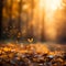 Lively closeup of falling autumn leaves and butterflies with vibrant backlight from the setting sun, golden hour. Flying autumn